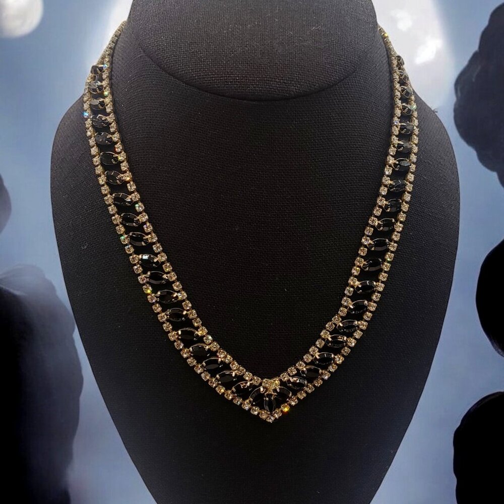 Vintage 1950's Clear Rhinestone & Black Onyx V Shaped Necklace
